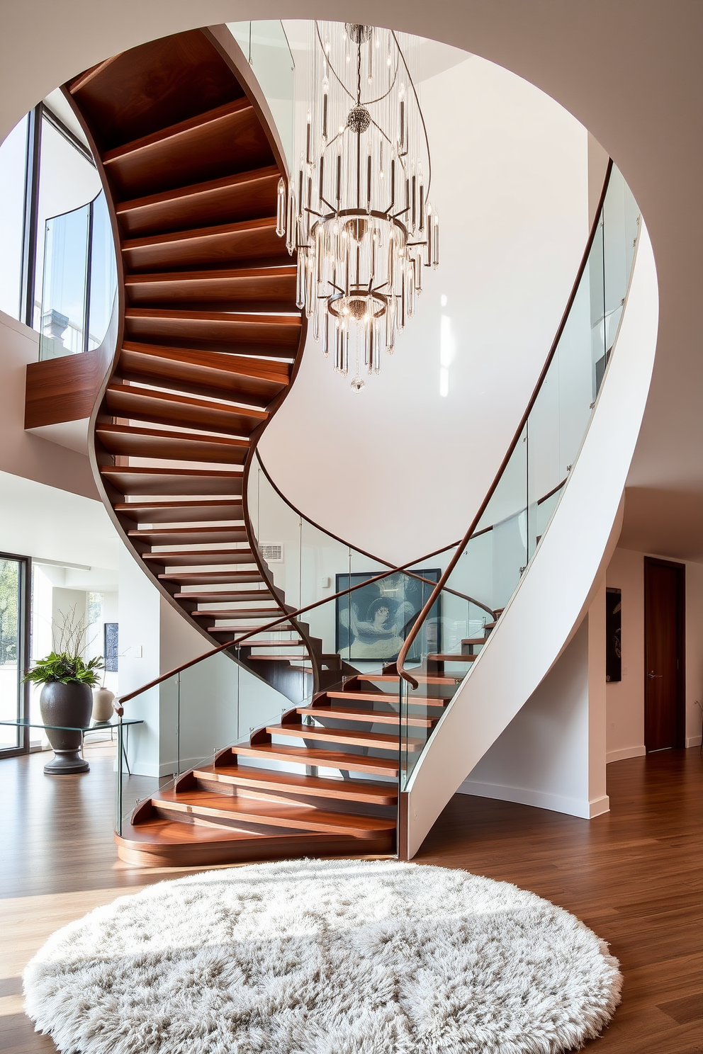 Artistic staircase design with sculptural elements. The staircase features a flowing design with curved wooden steps and a glass railing that enhances the open feel of the space. Staircase in Living Room Design Ideas. The living room showcases a grand staircase that spirals elegantly, with a statement chandelier hanging above and a plush area rug at the base.