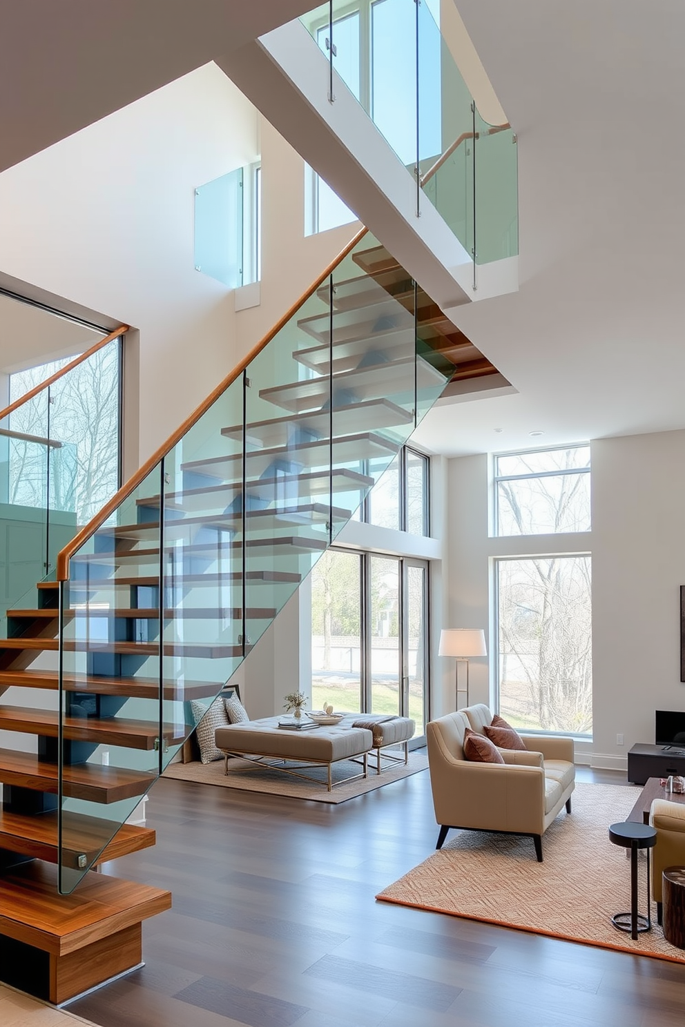 A modern staircase with sleek glass panels enhances the living room's open feel and provides unobstructed views of the surrounding space. The staircase features a minimalist design with a wooden base and elegant lighting that highlights its architectural beauty. The living room is adorned with contemporary furniture that complements the staircase design, creating a cohesive and inviting atmosphere. Large windows allow natural light to flood the space, accentuating the clean lines and sophisticated elements throughout the room.