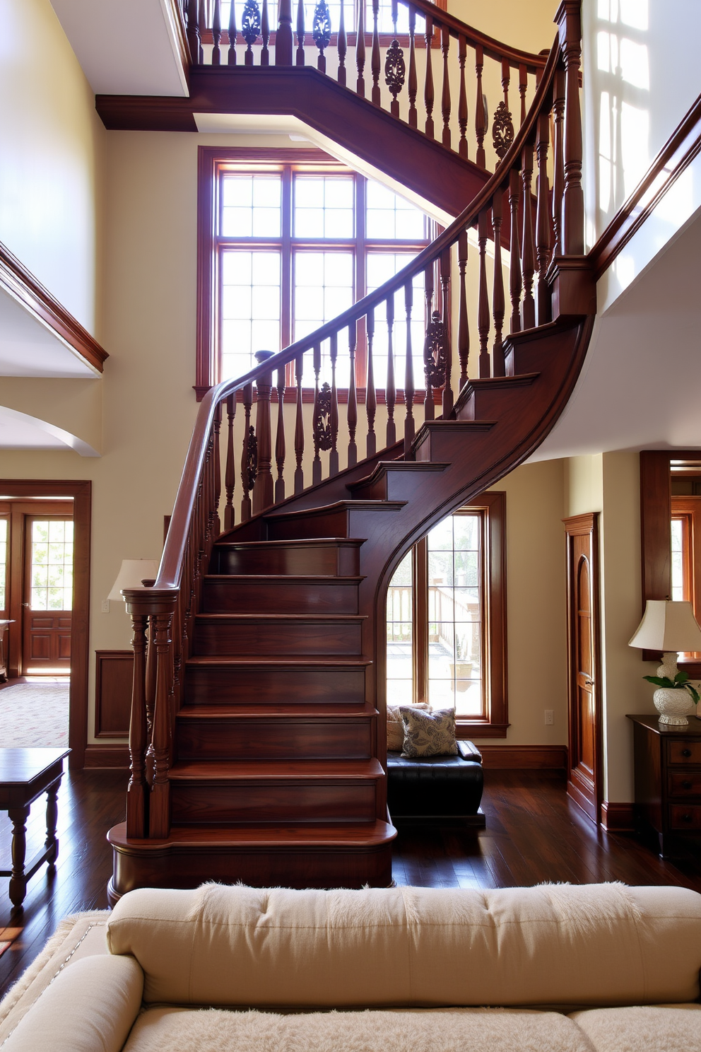 A classic wooden staircase with a rich stain finish gracefully ascends in the living room. The balustrades feature intricate carvings, complementing the elegant ambiance of the space. Natural light filters through large windows, casting warm hues on the polished wood. Below, a plush area rug anchors the seating arrangement, enhancing the inviting atmosphere.