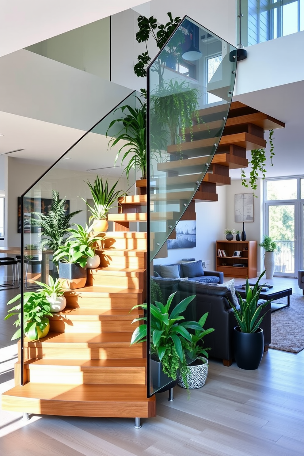 A modern staircase seamlessly integrates planters filled with lush greenery along its sides. The wooden steps are complemented by a sleek glass railing, creating an inviting focal point in the living room. The living room features a spacious layout with the staircase as a central design element. Natural light floods the area, highlighting the vibrant plants and enhancing the overall ambiance.