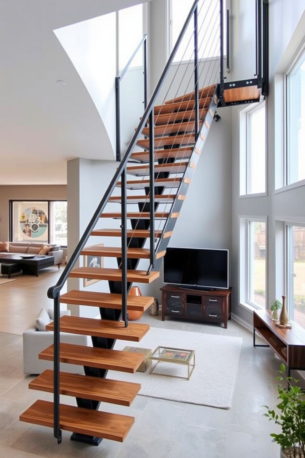 An industrial metal staircase with open treads gracefully ascends in a contemporary living room. The staircase features a sleek design with exposed metal beams and wooden accents, creating a striking focal point in the space. Surrounding the staircase, the living room is adorned with minimalist furnishings and large windows that allow natural light to flood in. The walls are painted in a soft gray hue, enhancing the industrial aesthetic while providing a warm and inviting atmosphere.