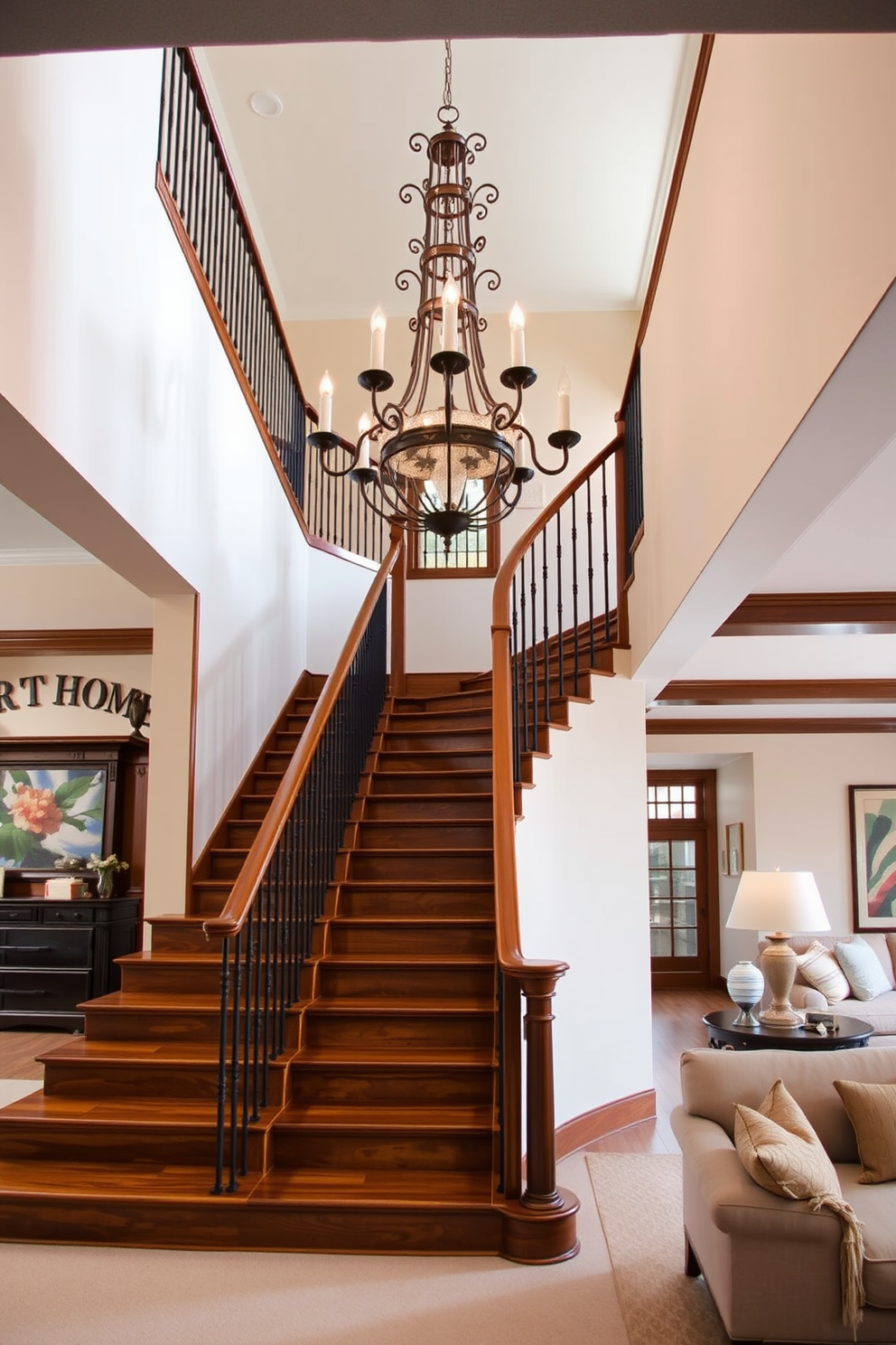 A grand staircase ascends gracefully, featuring a vintage chandelier that serves as the focal point of the space. The chandelier's intricate design casts a warm glow over the polished wooden steps, enhancing the elegance of the living room. Surrounding the staircase, the living room is designed with plush seating and a cozy atmosphere. Soft neutral tones complement the rich wood accents, creating a harmonious balance in the overall design.