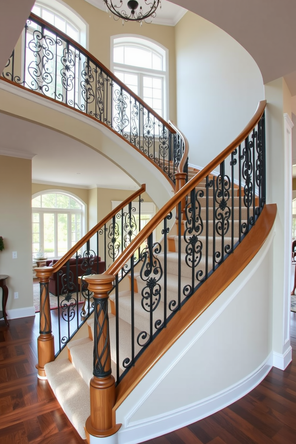 A stunning curved staircase with an elegant balustrade gracefully sweeps through the living room, creating a focal point that captivates the eye. The balustrade features intricate detailing in wrought iron, complemented by a polished wooden handrail that adds warmth to the space. The staircase is adorned with a plush runner that contrasts beautifully with the hardwood steps, enhancing the overall sophistication of the design. Natural light floods the area through large windows, illuminating the exquisite craftsmanship and inviting a sense of openness into the living room.