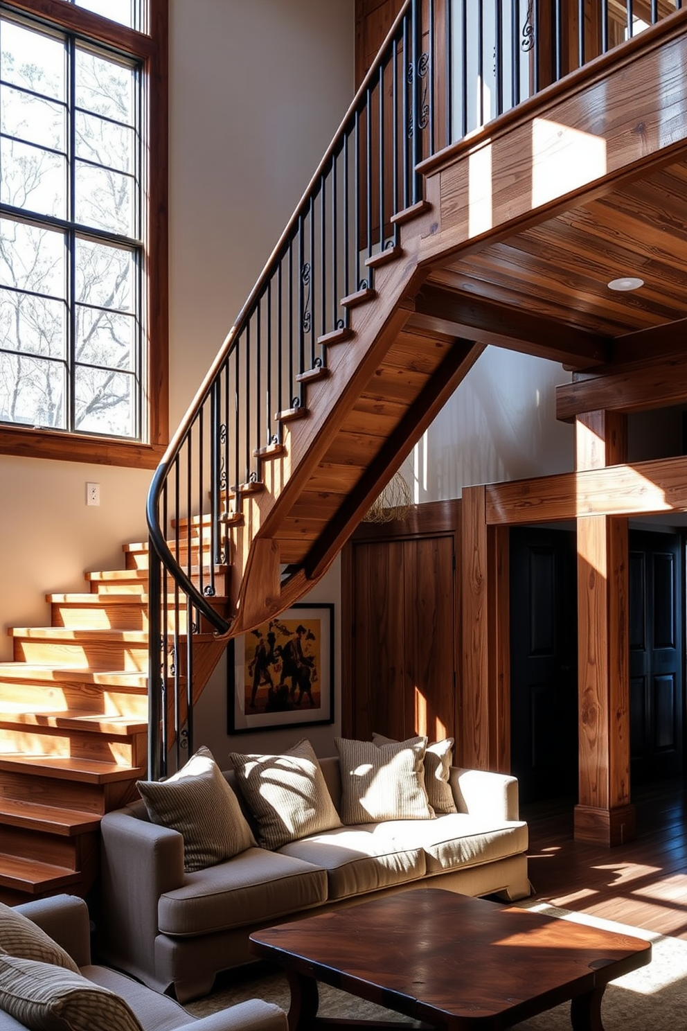 A rustic wooden staircase with iron accents winds gracefully through the living room. The rich, textured wood contrasts beautifully with the sleek, black iron railings, creating a warm and inviting atmosphere. Sunlight filters through large windows, casting shadows that highlight the natural grain of the wood. Below the staircase, a cozy seating area features plush cushions and a handcrafted coffee table, enhancing the rustic charm of the space.