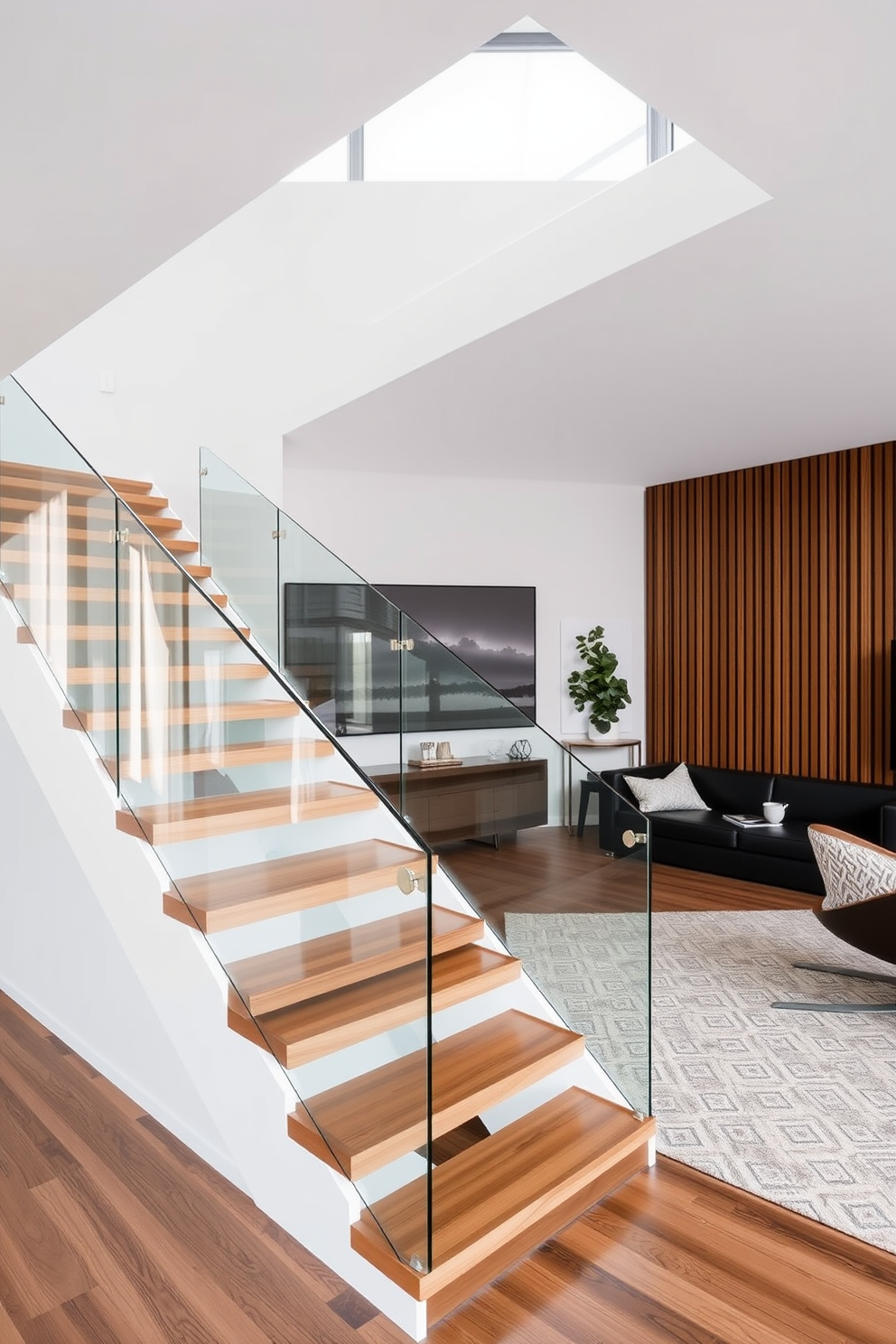 Contemporary staircase with minimalist design. The staircase features sleek wooden steps with a glass railing, allowing for an open and airy feel. Staircase in Living Room Design Ideas. The living room showcases a striking staircase that seamlessly blends with the modern decor, creating a focal point in the space.