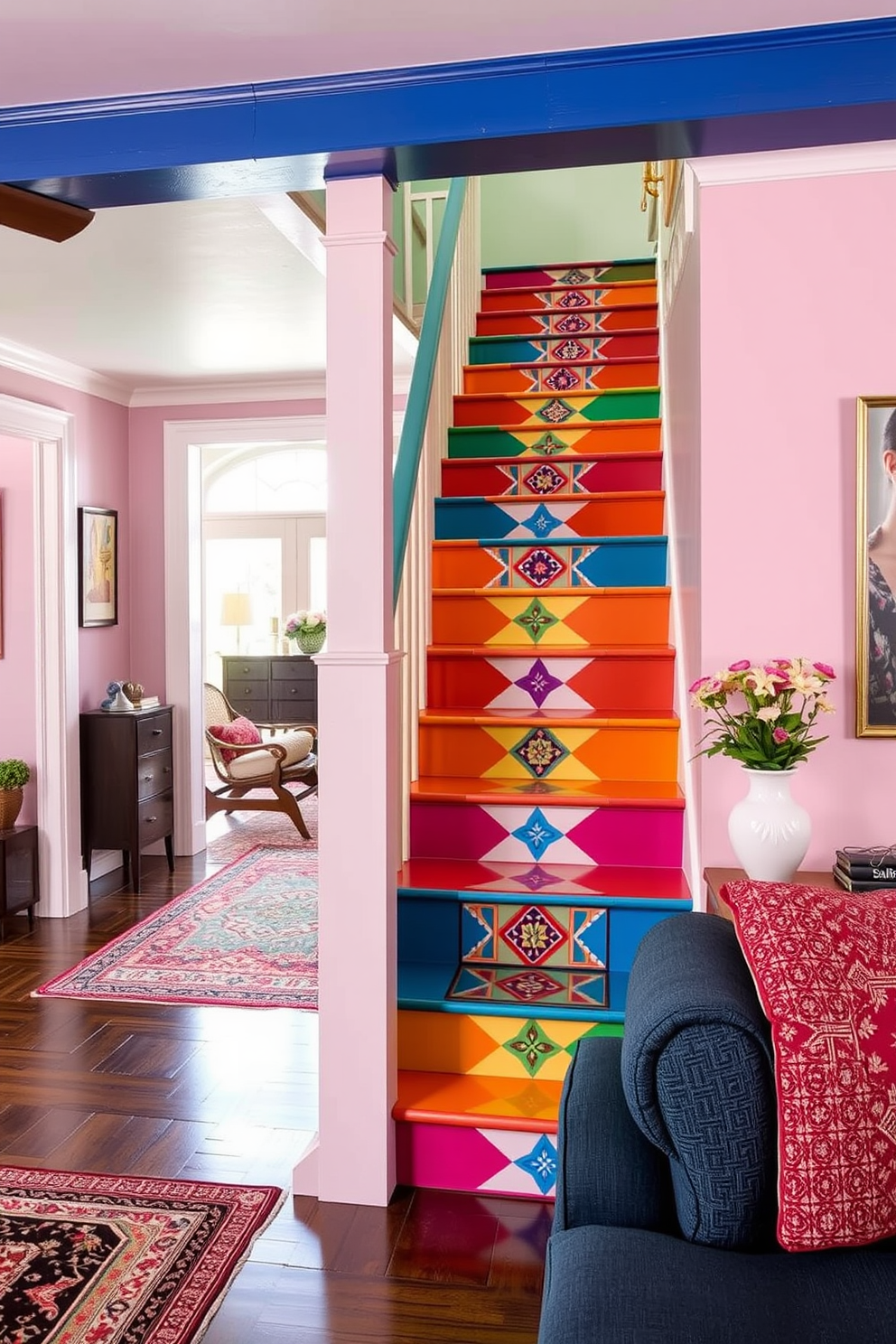 A colorful painted staircase adds a vibrant touch to the living room, featuring a mix of bold hues that create an eye-catching focal point. The staircase is adorned with a unique pattern that complements the overall decor, enhancing the lively atmosphere of the space.