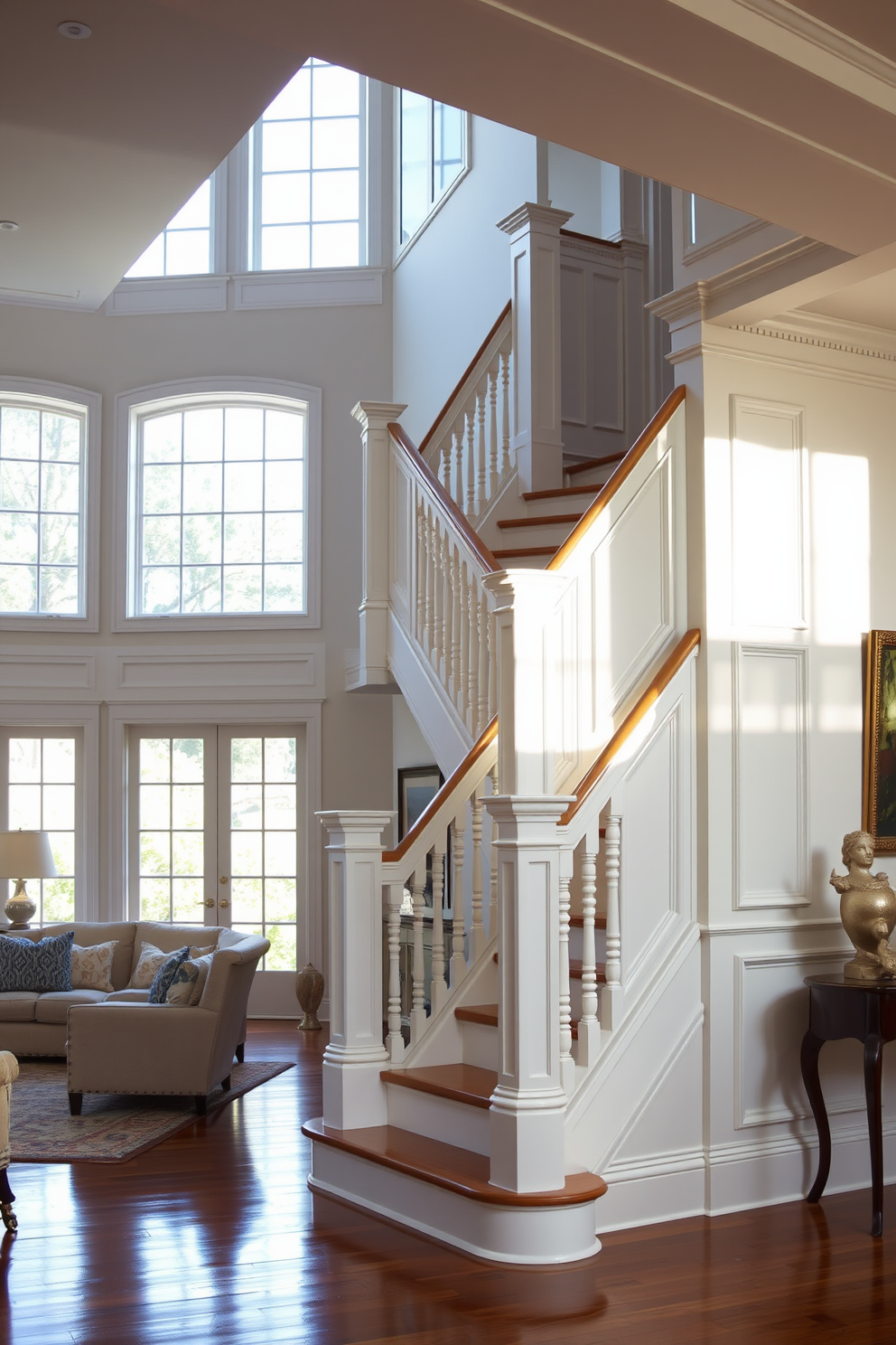 A classic white staircase with decorative molding gracefully ascends in the living room. The elegant design features intricate details that enhance the overall sophistication of the space. Natural light floods the area through large windows, illuminating the polished wooden floor. Plush furnishings and tasteful artwork complement the staircase, creating a harmonious blend of style and comfort.