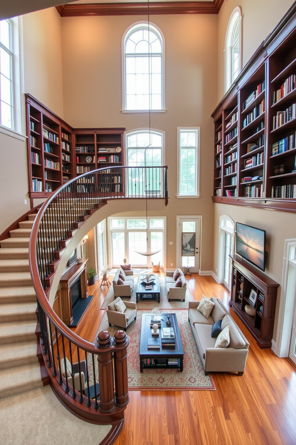 A grand staircase elegantly curves upward, lined with built-in bookshelves that provide ample storage for books and decorative items. The shelves are crafted from rich mahogany, complementing the warm tones of the living room's hardwood floors and inviting atmosphere. The living room features a spacious layout with large windows allowing natural light to flood the space. Cozy seating arrangements are positioned around a central coffee table, creating a perfect spot for relaxation and conversation.