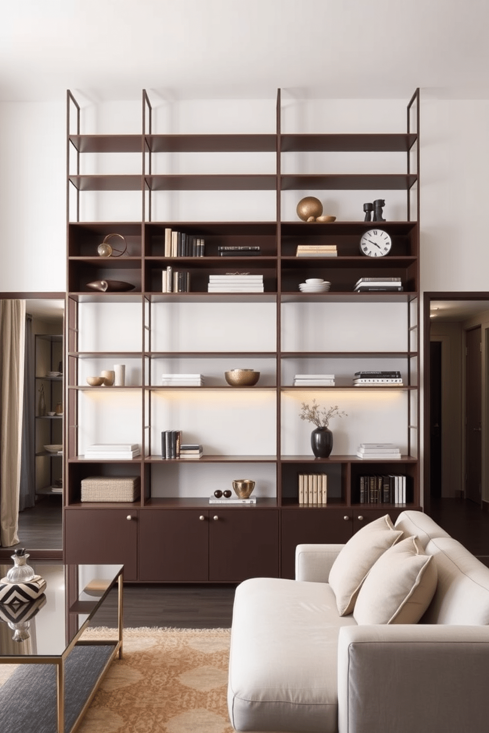 Maximize vertical storage with sleek, modern shelves that stretch from floor to ceiling. Integrate a combination of open and closed shelving to display decorative items while keeping essentials neatly tucked away. Incorporate a multifunctional furniture piece, such as a sofa bed, to optimize space and provide versatility. Use light colors on the walls and furnishings to create an airy feel, complemented by strategically placed mirrors to enhance the sense of openness.