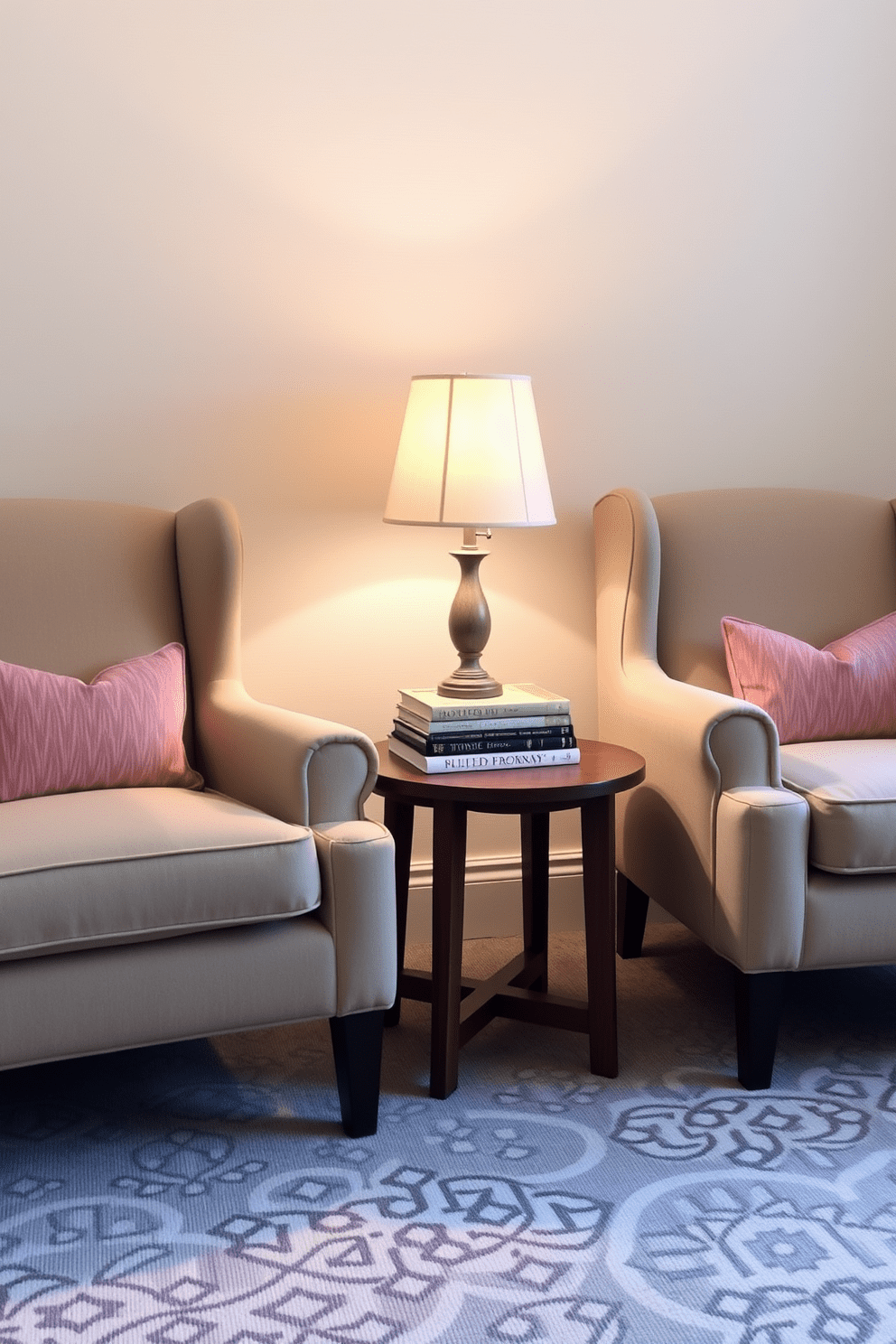 Create a cozy reading nook with two plush armchairs upholstered in soft fabric. A small round wooden side table sits between the chairs, topped with a stack of books and a warm lamp for reading light.