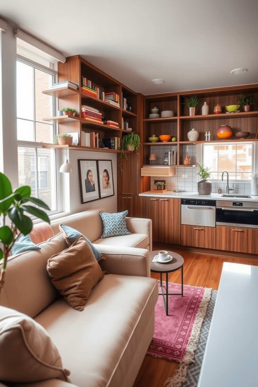 A stylish studio apartment featuring open shelving that showcases a curated collection of decorative items and books. The space is designed with a cozy seating area that includes a plush sofa and a small coffee table, creating an inviting atmosphere. The kitchen area boasts modern appliances integrated into the cabinetry, with the open shelves above displaying vibrant dishware and plants. Large windows allow natural light to fill the room, enhancing the warm color palette of soft neutrals and earthy tones.