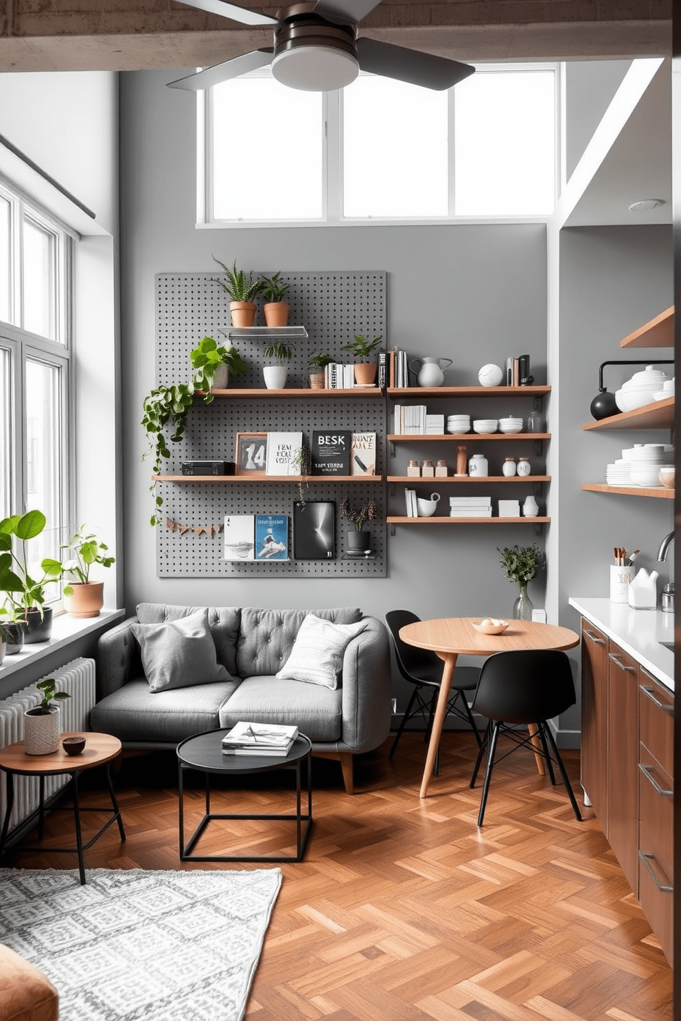 A stylish studio apartment featuring a cozy living area with a small sofa and a sleek coffee table. The walls are adorned with a pegboard for hanging storage, showcasing plants, books, and decorative items. The kitchen area includes a compact dining table with modern chairs, complemented by open shelving displaying dishware and kitchen essentials. Natural light floods the space through large windows, enhancing the warm color palette of soft grays and earthy tones.