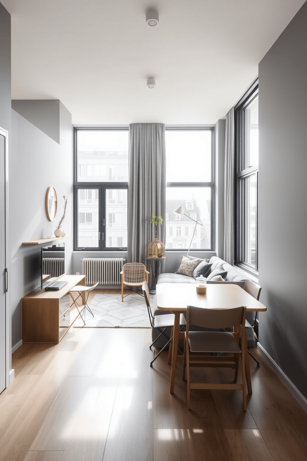 A modern studio apartment featuring a foldable wall table that can be easily tucked away when not in use. The table is complemented by stylish folding chairs that match the minimalist decor of the space. The walls are painted in a soft gray tone, enhancing the open feel of the apartment. Natural light floods in through large windows, illuminating a cozy seating area with a plush sofa and a chic area rug.