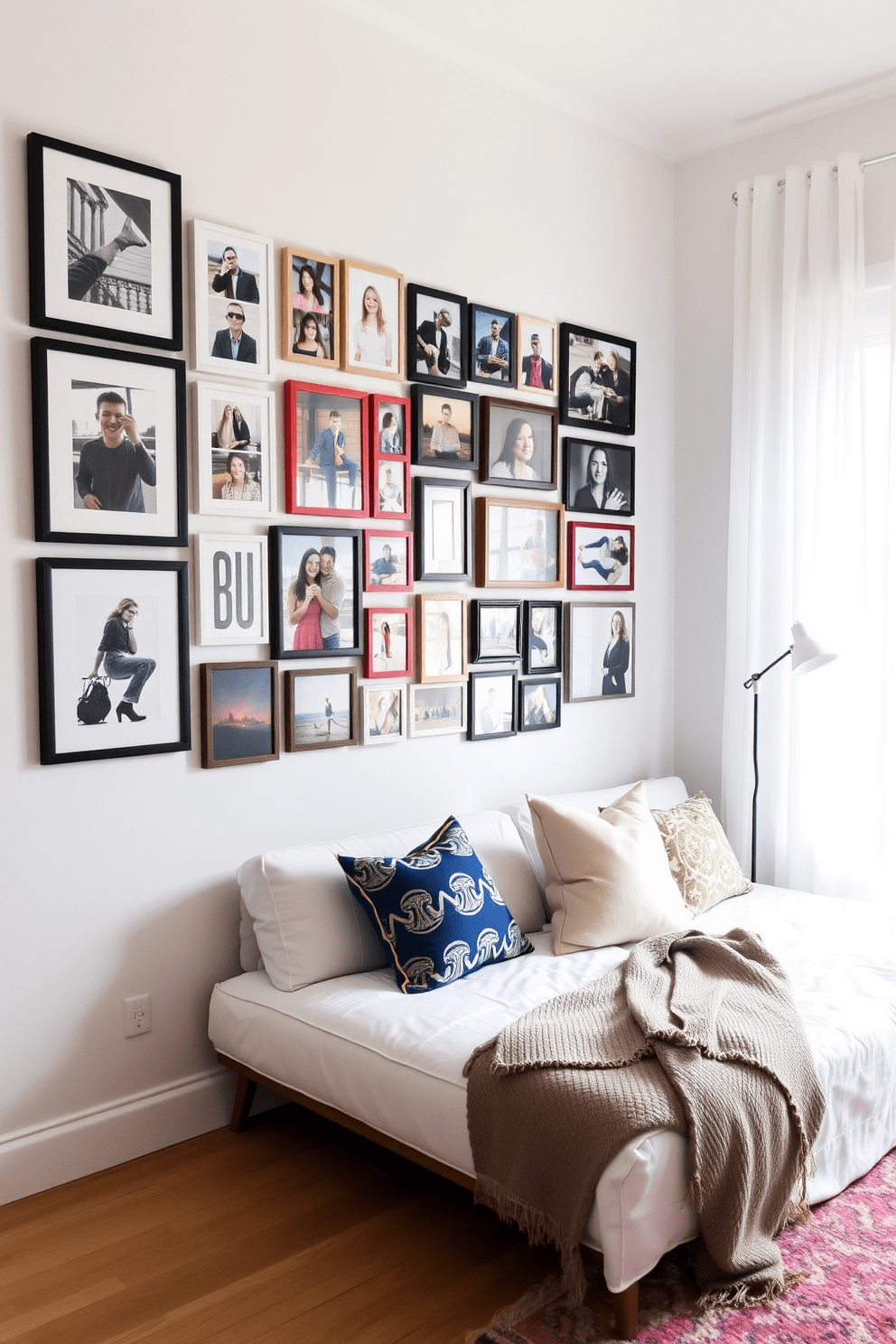 Create a gallery wall featuring personal photos arranged in an eclectic mix of frames. The wall is painted in a soft white hue to enhance the visual impact of the photographs. In the studio apartment, incorporate a multifunctional sofa that doubles as a bed for guests. Use a light color palette with pops of vibrant accents to create an inviting and spacious feel.