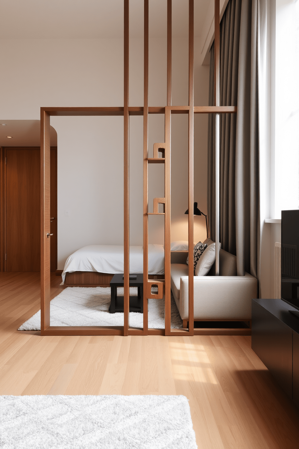 A stylish room divider separates the living area from the sleeping space in a modern studio apartment. The divider features a sleek wooden frame with geometric cutouts, allowing light to filter through while providing privacy. The color palette of the studio is neutral, with soft beige walls and a warm wood floor. A plush area rug anchors the seating area, complemented by a contemporary sofa and a small coffee table.