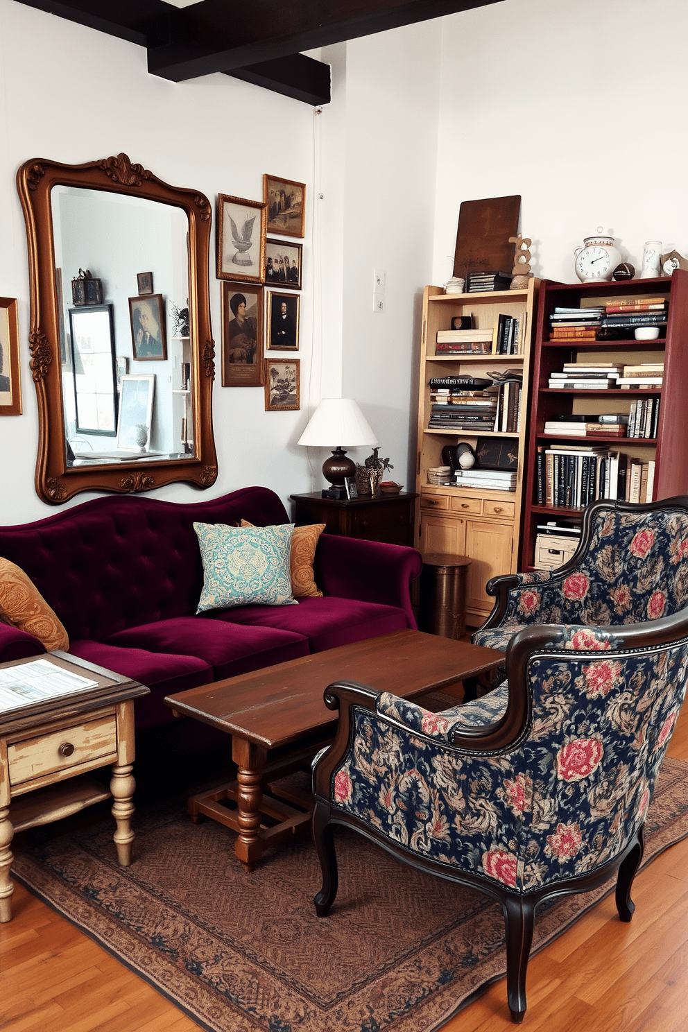 A cozy studio apartment featuring vintage furniture that adds character and charm. The room includes a plush velvet sofa in deep burgundy, paired with a distressed wooden coffee table and an antique armchair in a floral print. The walls are adorned with eclectic art pieces and a large vintage mirror that reflects natural light. A rustic bookshelf filled with books and decorative items stands against one wall, enhancing the inviting atmosphere.