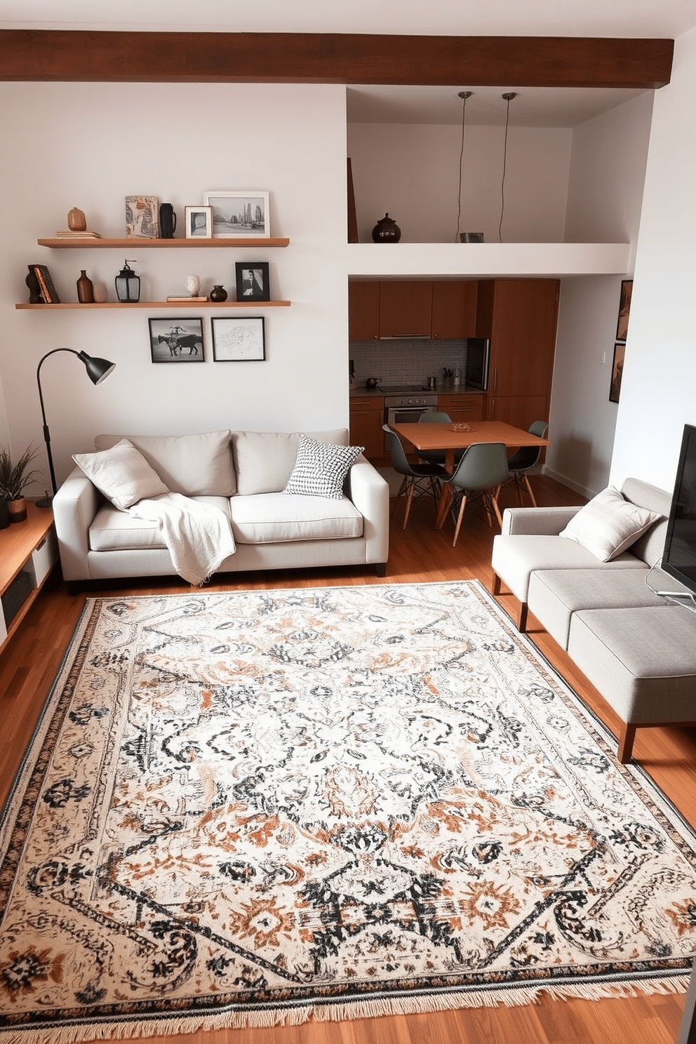 Create a cozy studio apartment that features a large area rug in the center to unify the living space. The rug should complement the color palette of the room, enhancing the overall aesthetic while providing comfort underfoot. Incorporate a multifunctional sofa that can convert into a bed, positioned against a wall with decorative shelves above it. Add a small dining table with stylish chairs adjacent to the kitchen area, creating a seamless flow between the different zones.