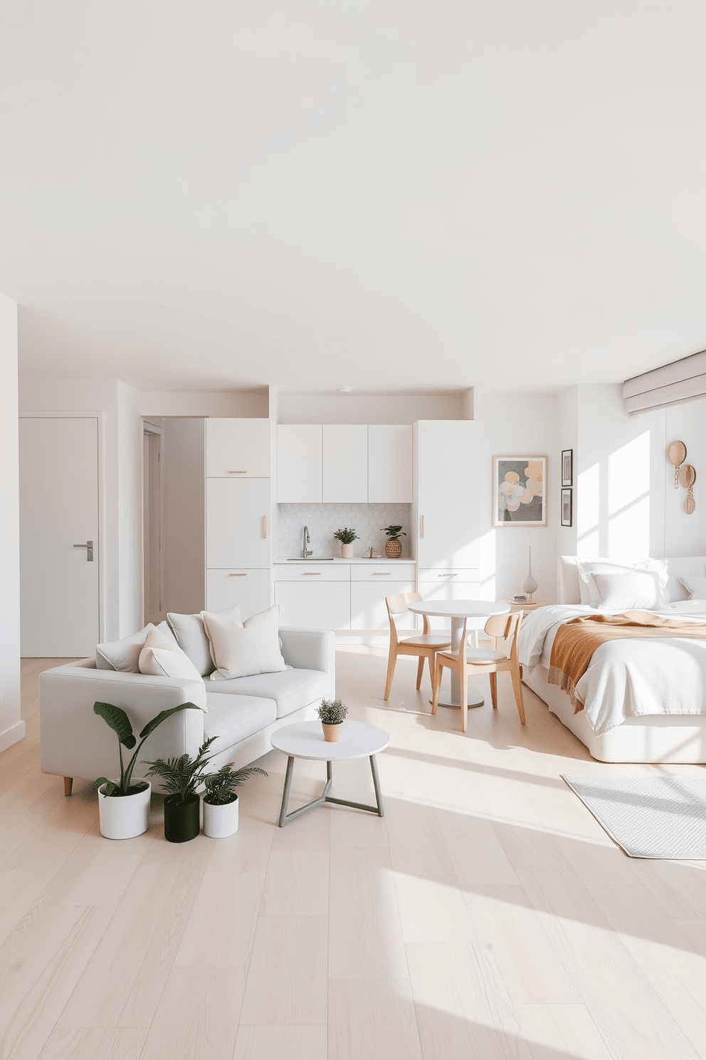 A bright and airy studio apartment featuring an open layout that maximizes natural light. The walls are painted in soft white, complemented by light wooden flooring and minimalistic furniture. A cozy seating area includes a light gray sofa adorned with pastel-colored cushions. A small round coffee table sits in front, surrounded by a few potted plants that add a touch of greenery. The kitchen area showcases sleek white cabinetry with brass hardware, paired with a light marble backsplash. A compact dining table with light wood chairs is positioned near a large window, creating an inviting dining nook. The sleeping area is defined by a stylish bed with a soft beige upholstered headboard and light bedding. Decorative wall art in soft hues adds personality without overwhelming the space.