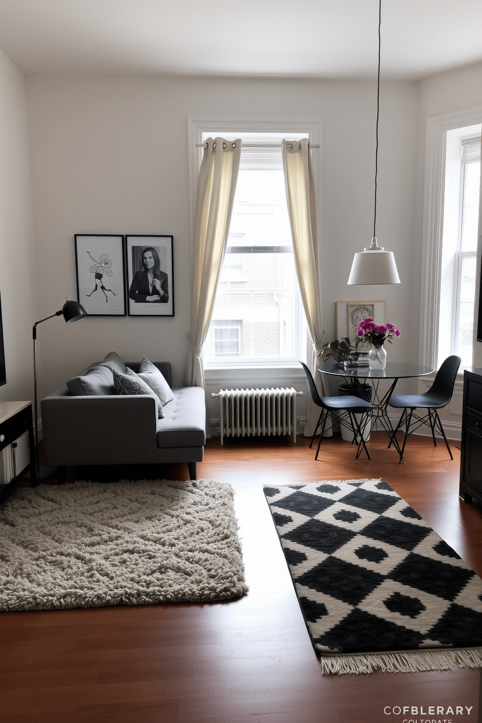 Create a cozy studio apartment that utilizes area rugs to define different zones within the space. The living area features a plush area rug under a stylish sofa, while a second rug delineates the dining space with a small table and chairs nearby.