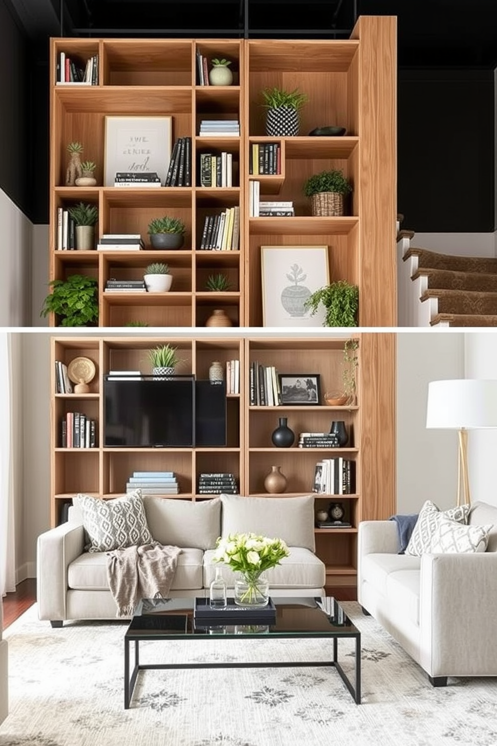 Maximize vertical space by incorporating tall, open shelving units that draw the eye upward. Use a combination of decorative books, plants, and art pieces to create an inviting and stylish display. For the studio living room design, choose a neutral color palette to enhance the sense of space. Add a cozy seating area with a plush sofa and a statement coffee table to create a functional yet chic environment.