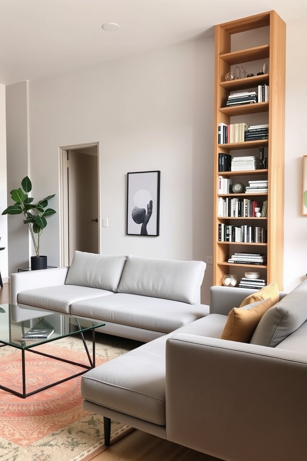 A modern studio living room featuring furniture with slender profiles. The space includes a sleek sectional sofa in a light gray fabric paired with a minimalist glass coffee table. A tall, narrow bookshelf in a natural wood finish stands against one wall, filled with curated books and decorative objects. A cozy area rug in soft tones anchors the seating area, adding warmth to the open layout.