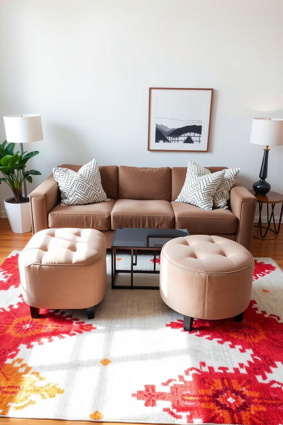 A stylish studio living room features a cozy seating arrangement centered around a plush sofa complemented by two elegant ottomans for extra seating options. The space is adorned with a modern coffee table and a vibrant area rug that ties the room together, enhancing the overall ambiance.