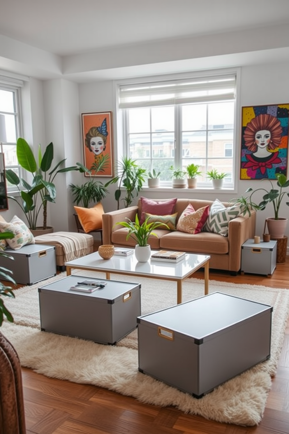 A stylish studio living room featuring decorative storage boxes that blend seamlessly with the decor. The room is filled with a cozy sofa adorned with colorful throw pillows, and a chic coffee table sits in front, surrounded by soft area rugs. Natural light floods the space through large windows, highlighting the vibrant artwork on the walls. A mix of plants adds a touch of greenery, while the decorative storage boxes provide functional elegance, keeping the area tidy and organized.