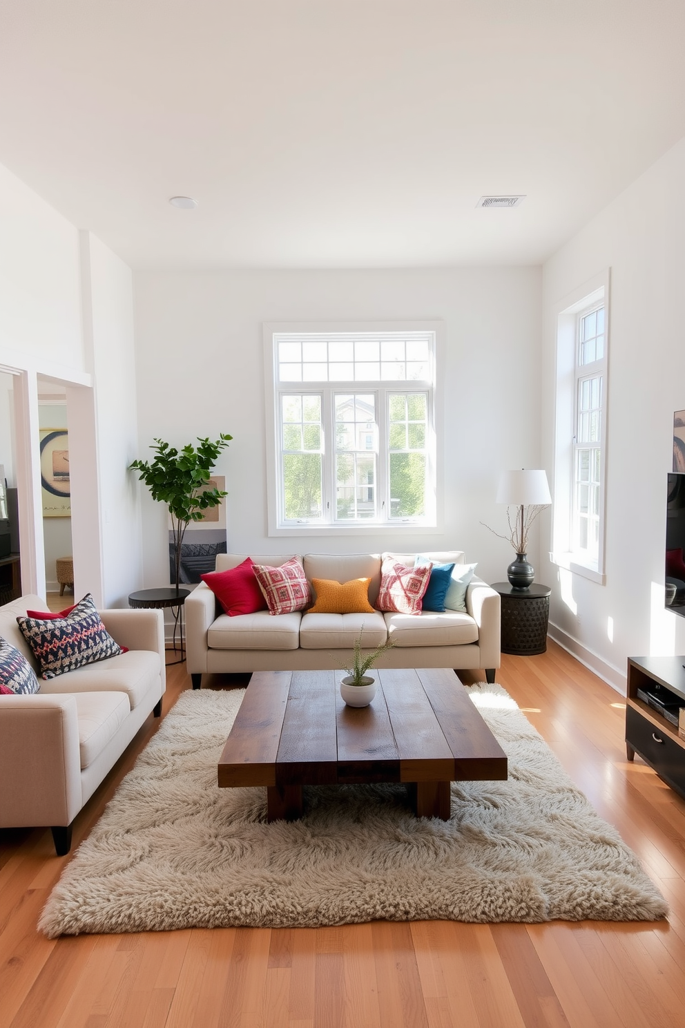 A spacious studio living room filled with natural light. The focal point is a large floor-to-ceiling mirror that reflects the sunlight, making the room feel even larger. The walls are painted in a soft white hue, complemented by a cozy beige sofa adorned with colorful throw pillows. A stylish coffee table made of reclaimed wood sits in the center, surrounded by a plush area rug that adds warmth to the space.