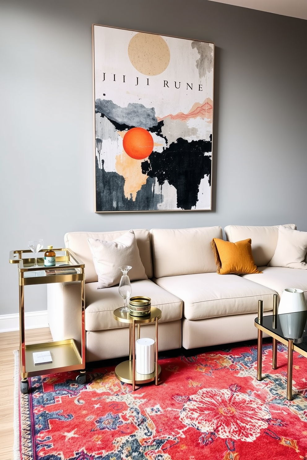 A stylish studio living room features a cozy seating area with a plush sectional sofa in a neutral tone. A small bar cart with a sleek design is positioned beside the sofa, adorned with elegant glassware and a few decorative bottles. The walls are painted in a soft gray hue, creating a calming atmosphere. A vibrant area rug anchors the space, while a large piece of abstract art adds a pop of color above the sofa.