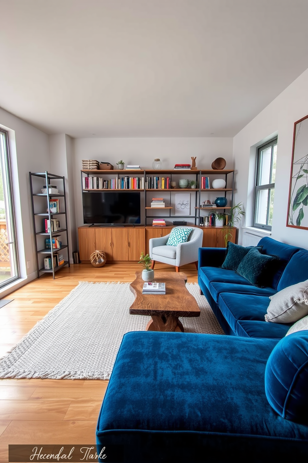 A stylish studio living room featuring a mix of textures for visual interest. The space includes a plush velvet sofa in deep blue, paired with a rustic wooden coffee table and a soft woven rug. On one side, a sleek metal bookshelf displays an array of books and decorative items, while on the other, a cozy armchair upholstered in light gray fabric invites relaxation. Large windows allow natural light to flood the room, highlighting the contrast between the warm wood tones and cool fabric textures.