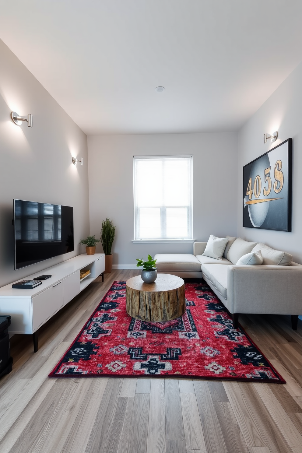 A modern studio living room that maximizes space with a cozy yet stylish layout. The walls are painted in a soft gray, and a plush sectional sofa in a light fabric is positioned to face a sleek entertainment unit. Wall-mounted lighting fixtures illuminate the room while providing an elegant touch. A round coffee table made of reclaimed wood sits in the center, surrounded by a colorful area rug that adds warmth and character.