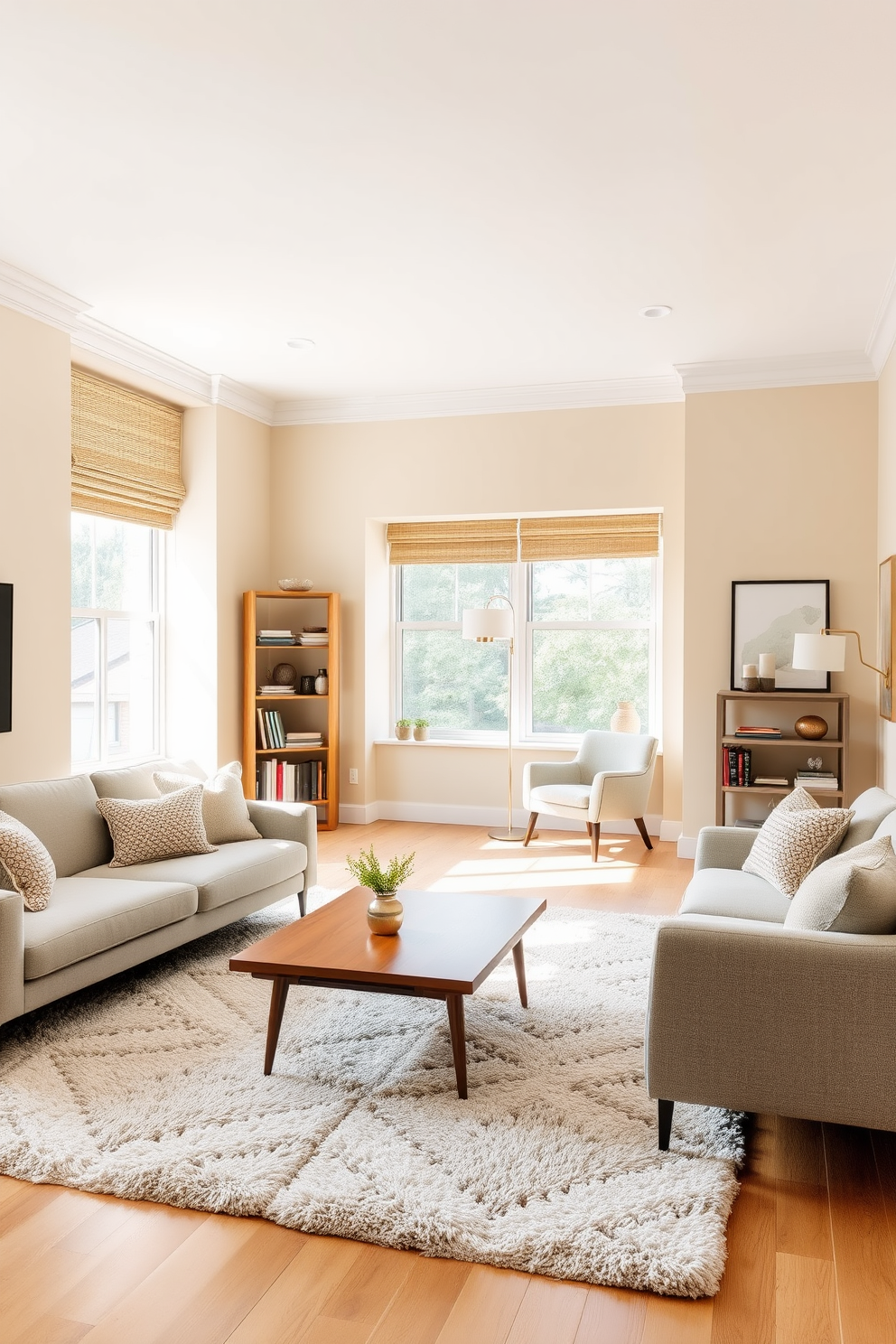 A serene studio living room featuring soft beige walls and a light gray sofa adorned with textured throw pillows. A sleek wooden coffee table sits in the center, surrounded by a plush area rug that adds warmth to the space. In one corner, a tall bookshelf filled with curated books and decorative items provides a stylish focal point. Natural light pours in through large windows, illuminating a cozy reading nook with a comfortable armchair and a small side table.