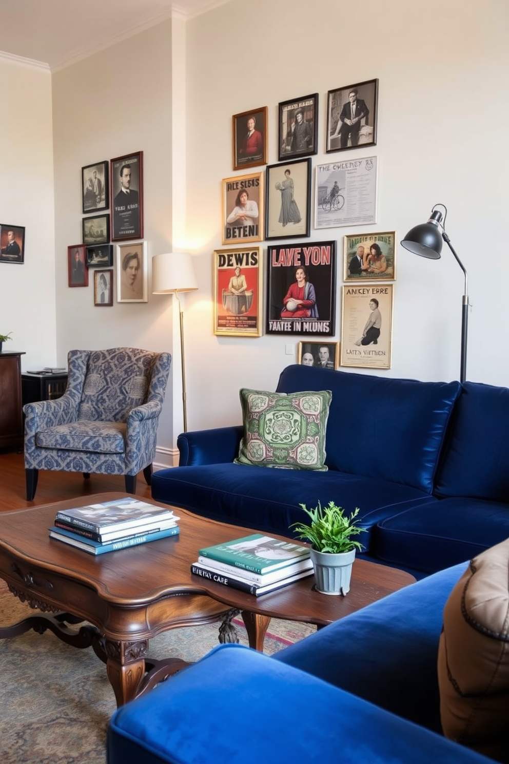 A stylish studio living room featuring a mix of vintage and modern furnishings. A plush velvet sofa in deep blue is paired with an antique wooden coffee table adorned with a stack of art books and a small potted plant. In one corner, a vintage armchair with intricate upholstery adds character, while a mid-century floor lamp provides warm lighting. The walls are painted in a soft cream, and a gallery wall displays a collection of framed vintage posters and photographs.