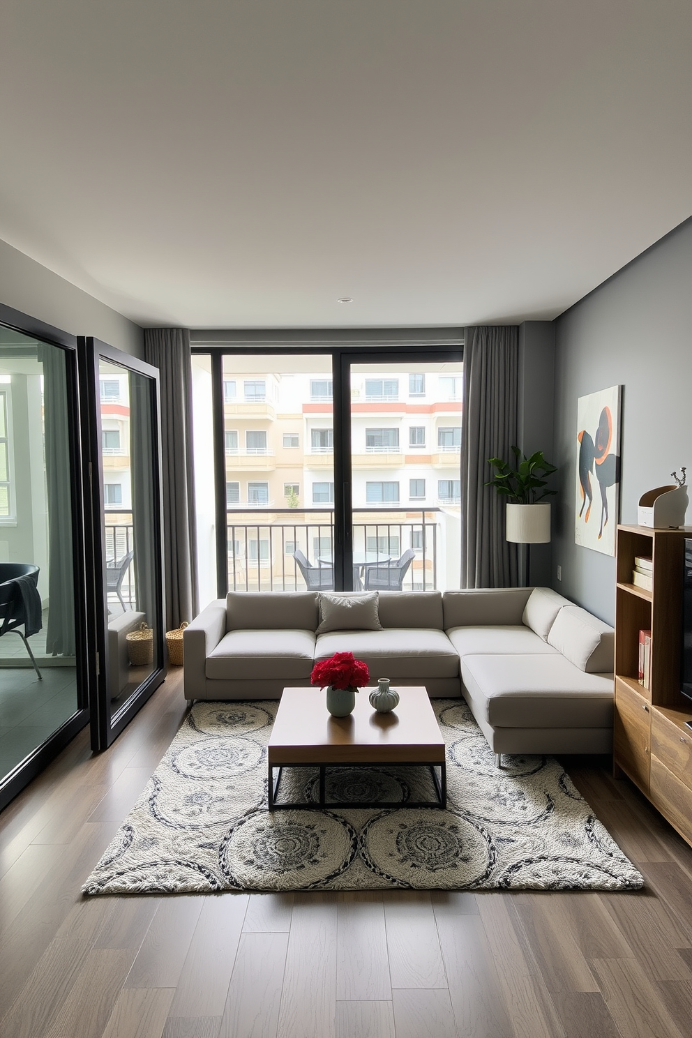 A modern studio living room featuring sliding glass doors that open to a small balcony, enhancing the sense of space and natural light. The room includes a sleek sectional sofa in a neutral tone, paired with a minimalist coffee table and a plush area rug to define the seating area. The walls are painted in a soft gray, while a statement piece of artwork adds a pop of color above the sofa. A compact bookshelf serves as both a decorative element and storage solution, showcasing stylish decor items and books.