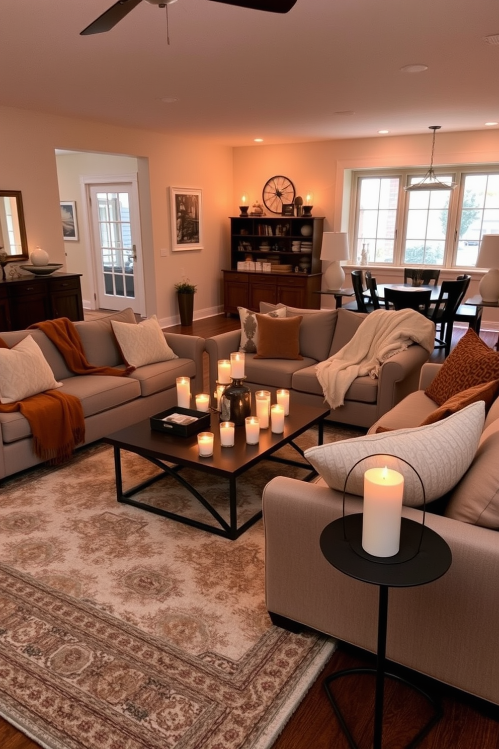 Create a cozy ambiance with candles in a spacious living room. The soft glow of flickering flames illuminates plush furniture arranged around a central coffee table. Incorporate warm, earthy tones through throw pillows and blankets draped across a comfortable sofa. A stylish area rug anchors the space, adding texture and warmth underfoot.