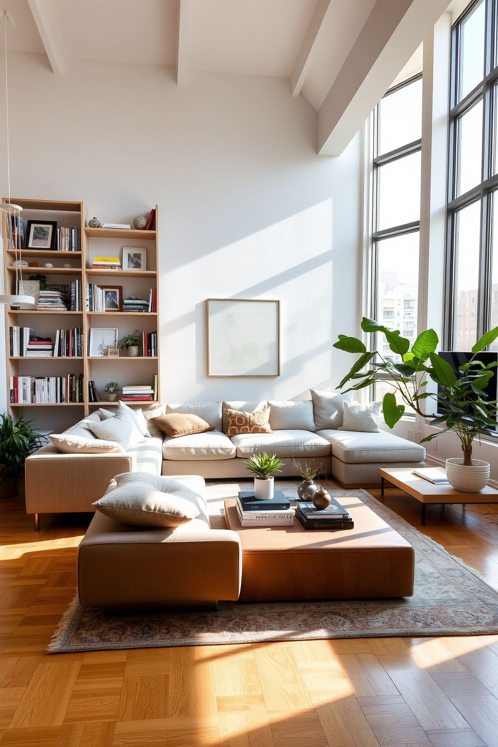 A modern studio living room featuring open shelving that showcases a curated collection of books, art pieces, and decorative objects. The shelves are made of light wood and are complemented by a cozy sectional sofa in a neutral fabric, creating an inviting atmosphere. A large area rug anchors the space, adding warmth and texture to the hardwood floor. Natural light floods in through expansive windows, highlighting a stylish coffee table and a few potted plants that bring life to the room.