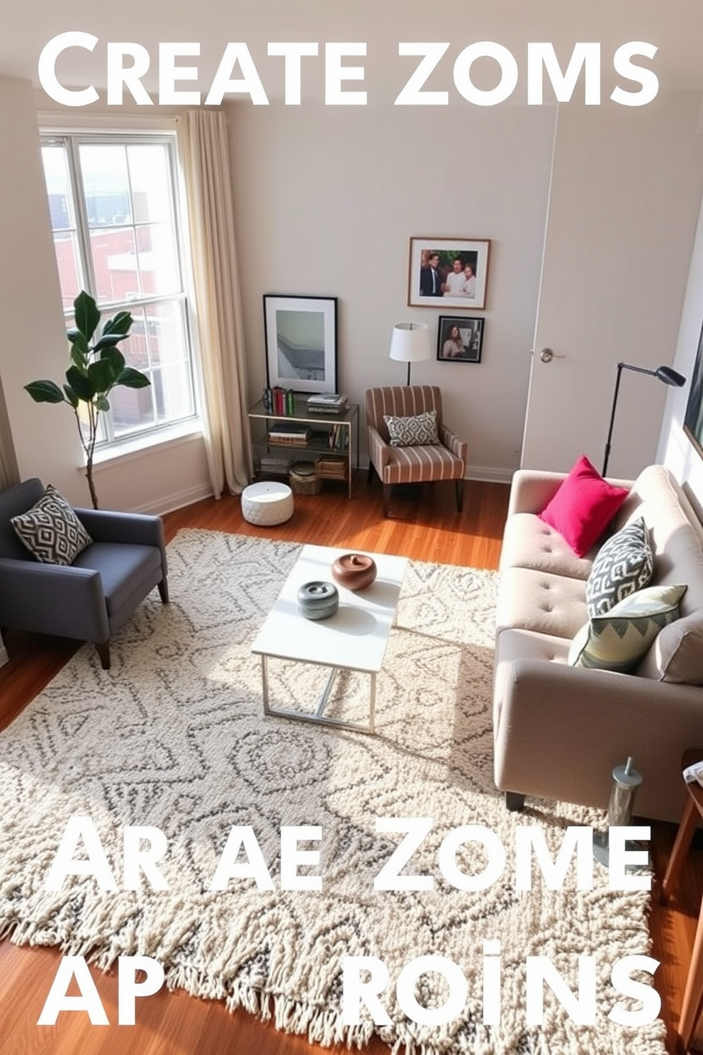 Create zones with area rugs in a spacious studio living room. The main seating area features a plush sectional sofa facing a sleek coffee table, surrounded by a large, soft area rug that defines the space. In the corner, a cozy reading nook is established with a comfortable armchair and a small side table, complemented by a patterned rug that adds warmth. The overall color palette consists of neutral tones with pops of vibrant accents, creating a harmonious and inviting atmosphere.