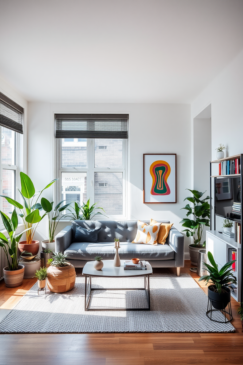 A stylish studio living room featuring a cozy seating area with a plush gray sofa and a modern coffee table. Large windows allow natural light to flood the space, highlighting a collection of indoor plants placed in decorative pots around the room. The walls are painted in a soft white hue, providing a clean backdrop for vibrant artwork. A textured area rug anchors the seating area, while a sleek bookshelf filled with books and decorative items adds character to the design.