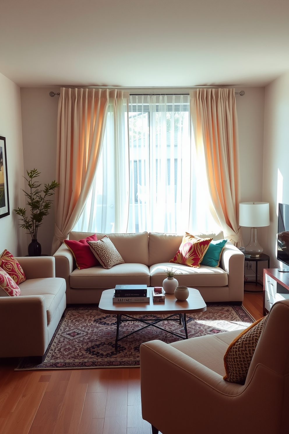 A cozy studio living room filled with natural light. Soft, flowing curtains frame a large window, enhancing the inviting atmosphere. A plush sofa in a neutral tone is paired with vibrant throw pillows for a pop of color. A stylish coffee table sits in the center, surrounded by a mix of textures and decor items.