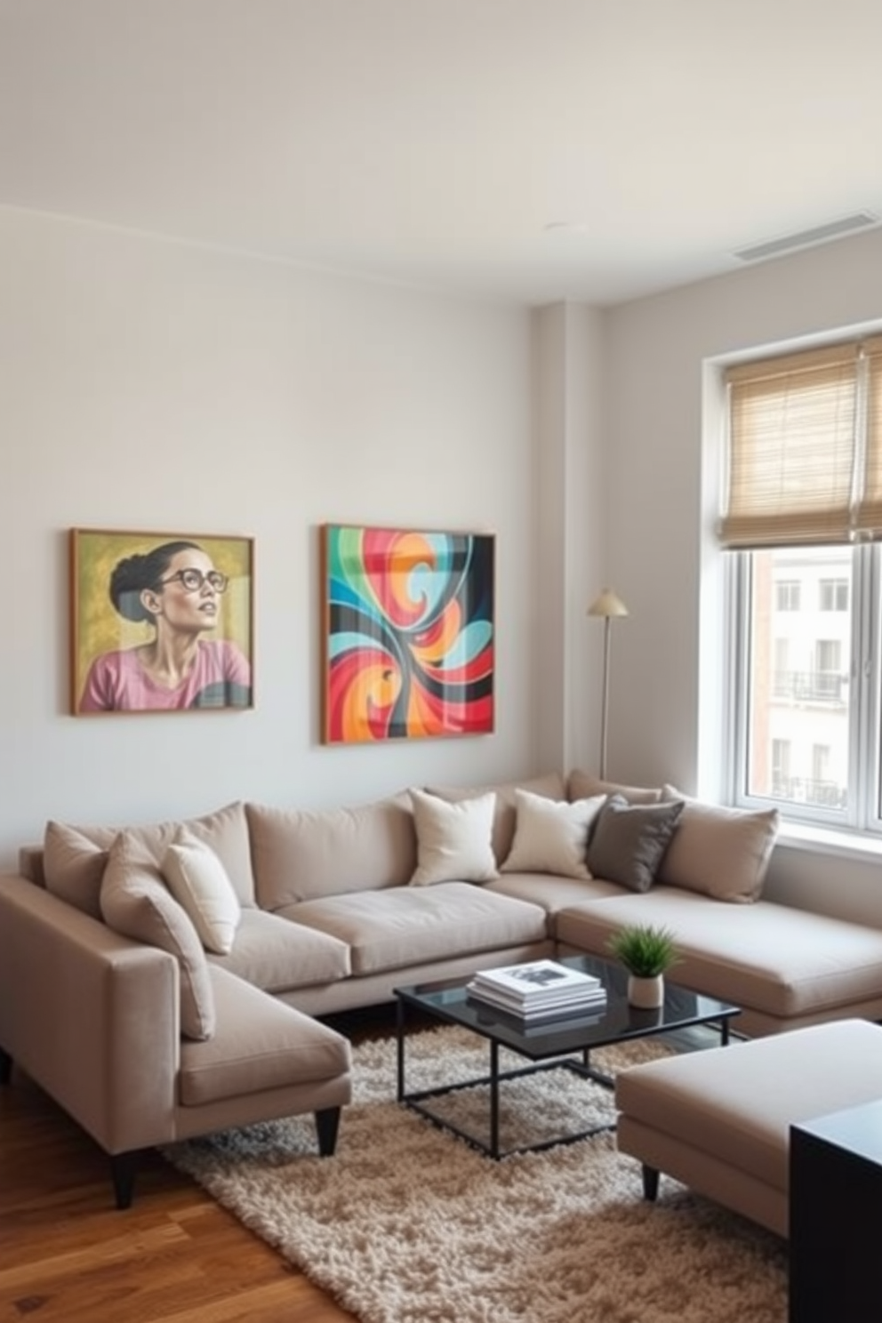 A stylish studio living room featuring a cozy seating area with a plush sectional sofa in a neutral tone. The walls are adorned with vibrant artwork hung at eye level, creating a focal point that draws the eye and adds personality to the space. In the corner, a sleek coffee table complements the sofa, surrounded by a few decorative books and a small potted plant. Large windows allow natural light to flood the room, enhancing the warm atmosphere and showcasing a soft area rug beneath the seating arrangement.