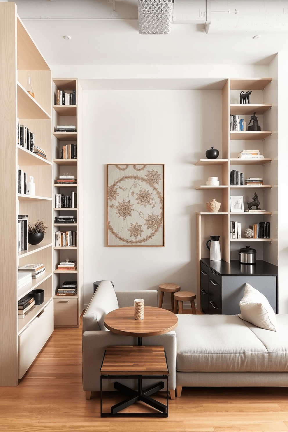 A stylish studio loft apartment features a combination of open shelving and tall cabinets that utilize vertical space effectively. The design incorporates a modern aesthetic with a neutral color palette and minimalistic decor, creating an airy and spacious feel. The living area includes a sleek sofa positioned against a wall adorned with floating shelves filled with books and decorative items. Above the sofa, a large piece of artwork adds a pop of color, while a compact dining table is placed near the kitchen for functionality.