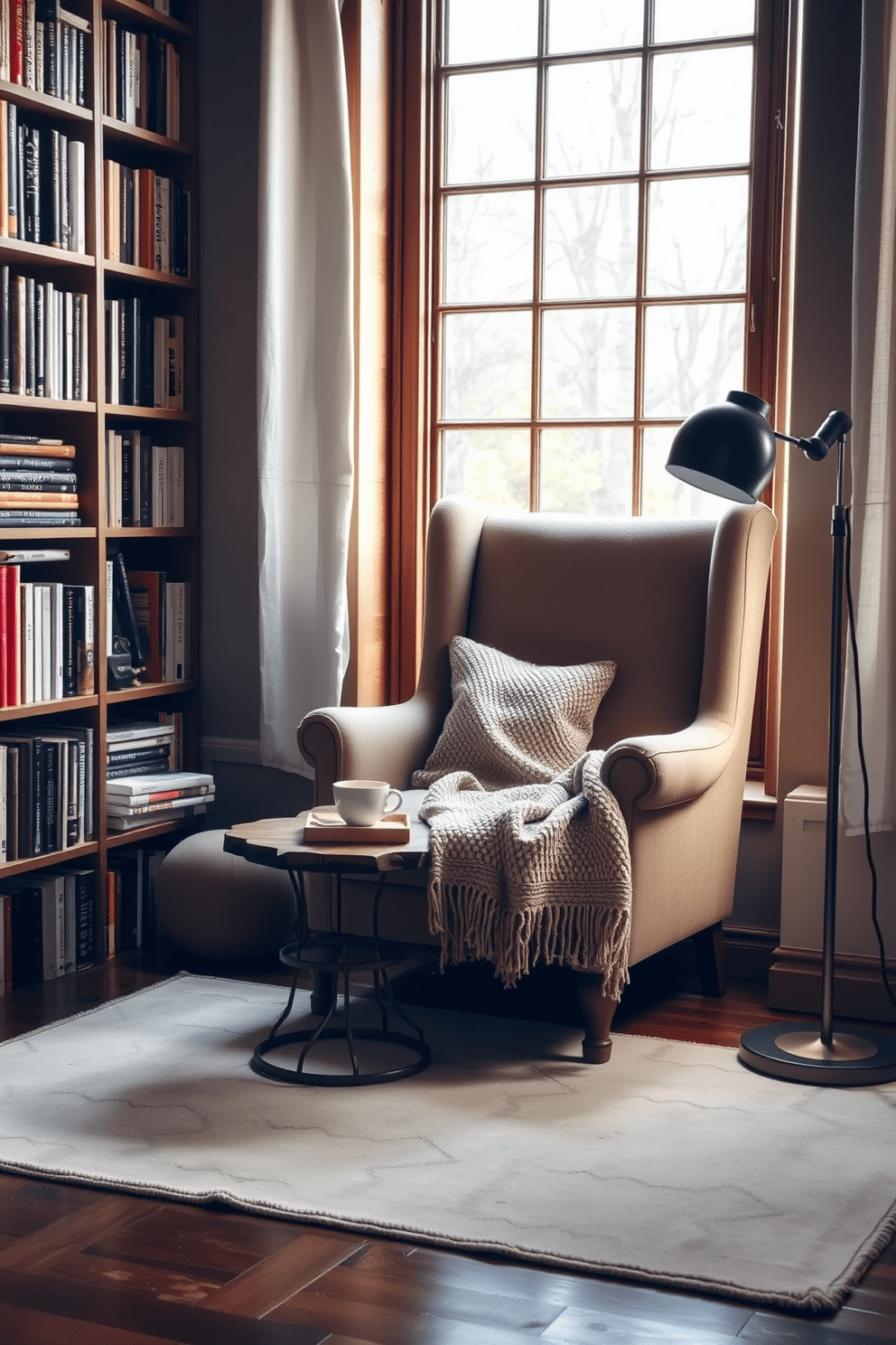 A cozy reading nook featuring a plush armchair upholstered in soft, textured fabric positioned beside a large window that allows natural light to flood the space. A small side table made of reclaimed wood holds a steaming cup of tea and a stack of well-loved books, while a warm, woven throw drapes over the armchair inviting relaxation. The nook is framed by floor-to-ceiling bookshelves filled with an eclectic mix of novels and decorative items. A soft area rug in muted tones anchors the space, and a modern floor lamp provides additional lighting for evening reading.