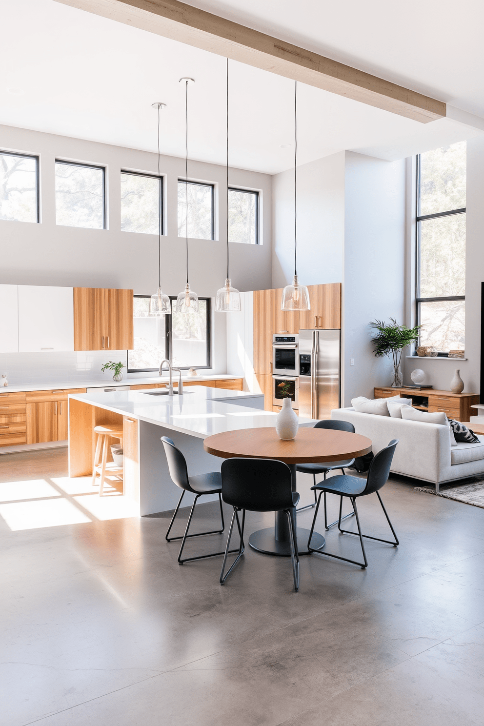 A spacious open kitchen seamlessly integrates with the living area, featuring a large island with bar seating. The cabinetry is a mix of sleek white and warm wood tones, complemented by stainless steel appliances and pendant lighting hanging above the island. Natural light floods the space through large windows, illuminating the light gray walls and polished concrete flooring. A cozy dining nook is positioned near the kitchen, adorned with a round wooden table and modern chairs for an inviting atmosphere.