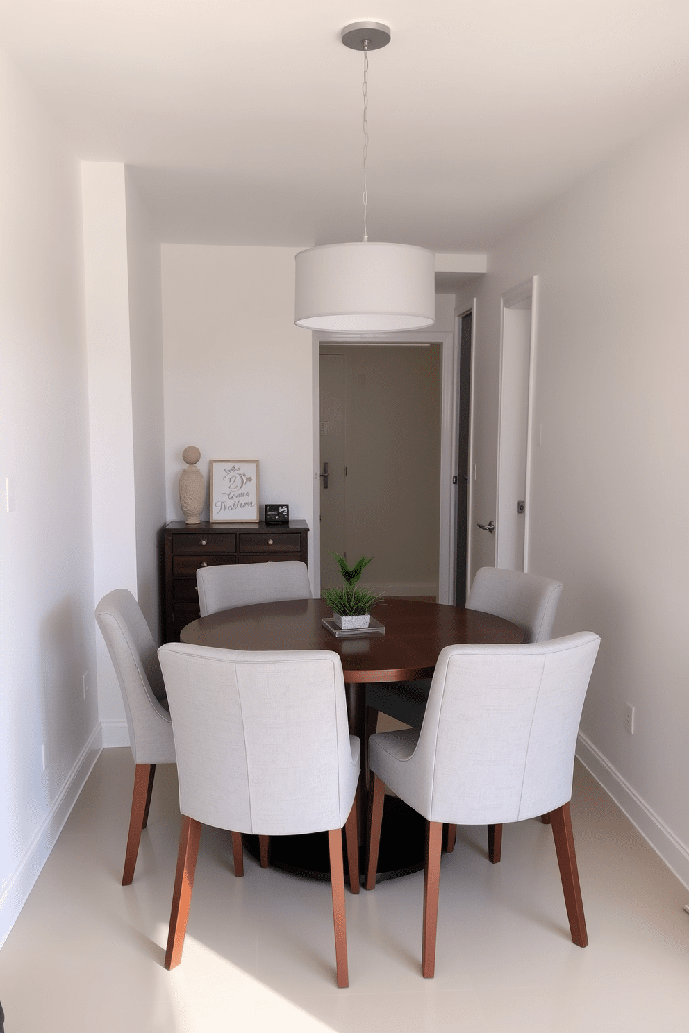 A compact dining area features a round wooden table surrounded by four upholstered chairs in a soft gray fabric. Above the table, a modern pendant light adds a touch of elegance, while a small potted plant sits in the center as a centerpiece. The walls are painted in a warm white tone, creating a bright and inviting atmosphere. A narrow console table against one wall showcases decorative items and provides additional storage, enhancing the functionality of the space.