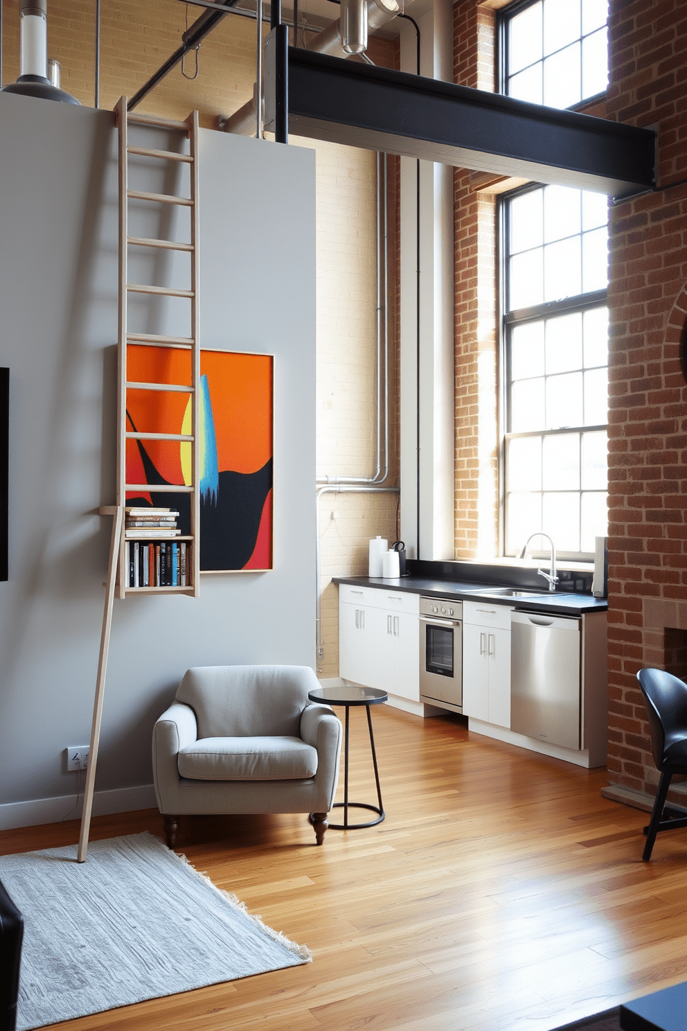 A stylish studio loft apartment features a sleek ladder used for decorative storage, leaning against a wall adorned with vibrant artwork. Below the ladder, a cozy reading nook is created with a plush armchair and a small side table, inviting relaxation and creativity. The open layout showcases a modern kitchen with stainless steel appliances and a minimalist dining area, perfect for entertaining guests. Natural light floods the space through large windows, enhancing the warm tones of the wooden flooring and the industrial charm of exposed brick walls.