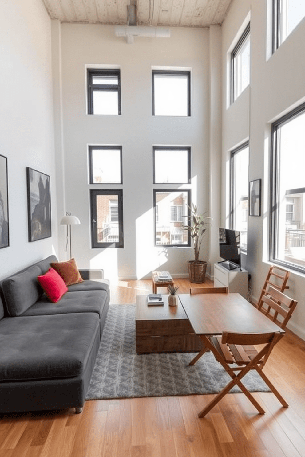 A stylish studio loft apartment featuring multifunctional furniture pieces that maximize space and functionality. The living area includes a sleek sofa that converts into a bed, paired with a coffee table that doubles as storage. In the corner, a compact dining table with foldable chairs allows for easy entertaining. The walls are adorned with modern art, and large windows flood the space with natural light, enhancing the open feel.