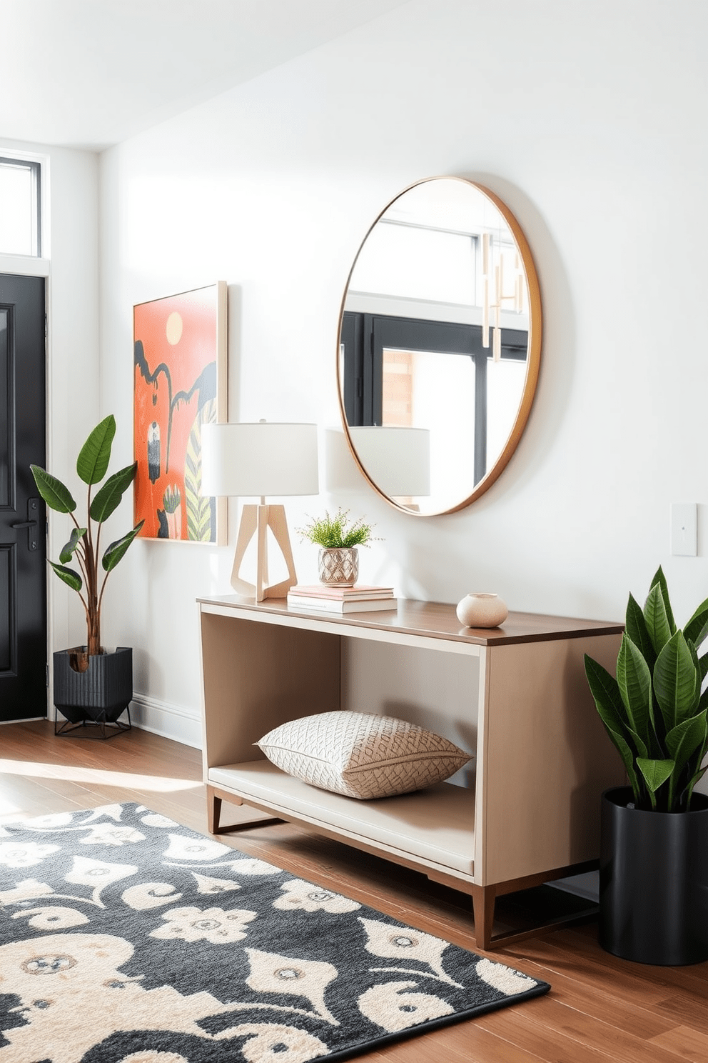 Create a stylish entryway area that features a sleek console table with a geometric design topped with a modern lamp. A large round mirror hangs above the table reflecting the natural light, while a plush area rug with a bold pattern adds warmth to the space. Incorporate a bench with integrated storage, perfect for shoes and bags, along with a statement wall adorned with art pieces that showcase vibrant colors. Potted plants in stylish planters bring a touch of nature indoors, creating an inviting atmosphere for guests.