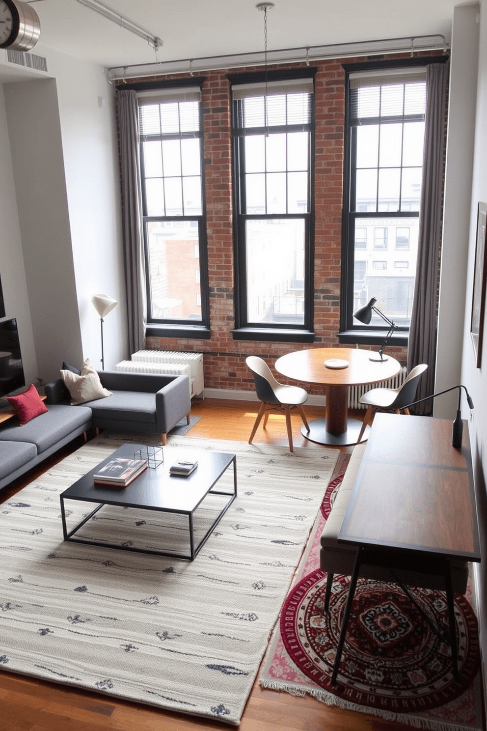 Create distinct zones with rugs in a studio loft apartment. Use a large, textured area rug to define the living space, complementing a sleek sofa and a minimalist coffee table. In the dining area, place a round rug under a wooden dining table surrounded by stylish chairs. Enhance the workspace with a smaller rug that adds warmth beneath a contemporary desk and chair.