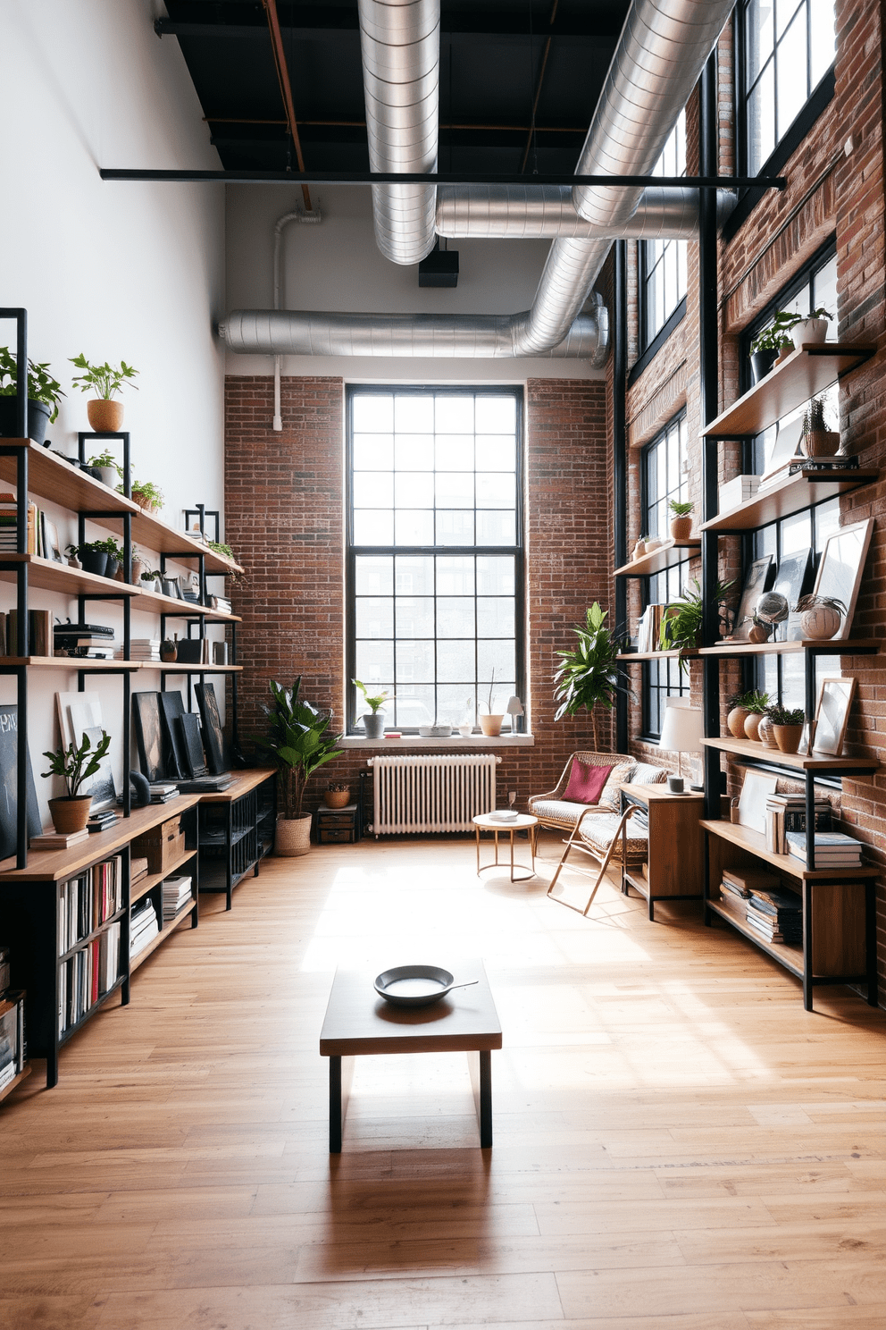 A spacious studio loft apartment featuring open wall shelves adorned with a curated selection of books, plants, and art pieces. The shelves are made of reclaimed wood, adding warmth to the industrial-style space with exposed brick walls and large windows allowing natural light to flood in.