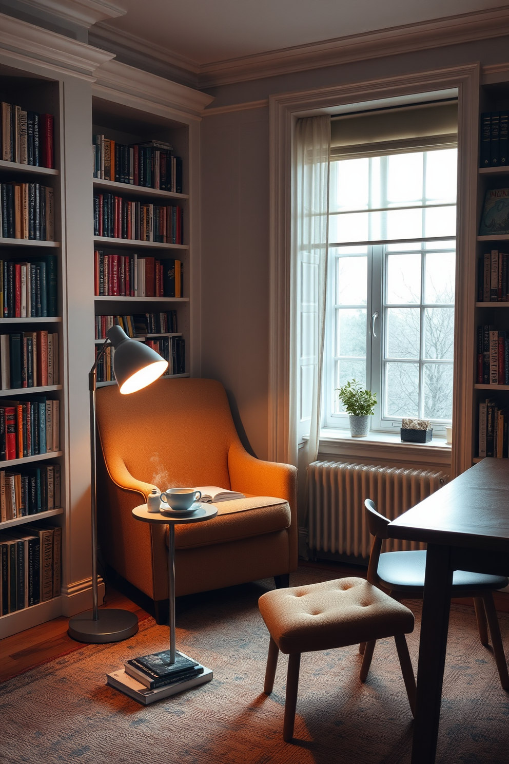 A cozy reading nook with soft lighting features a plush armchair upholstered in a warm fabric. A small side table holds a steaming cup of tea and a stack of books, while a floor lamp casts a gentle glow over the space. The study room design includes a sleek wooden desk positioned near a window, allowing natural light to flood the area. Bookshelves filled with colorful volumes line the walls, creating an inviting atmosphere for productivity and creativity.